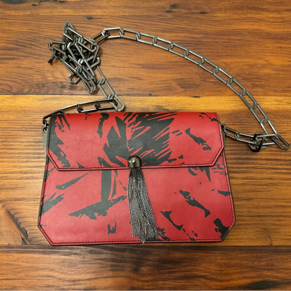 Like New! 7 For All Mankind Red and Black Leather Clutch with Chain and Fringe